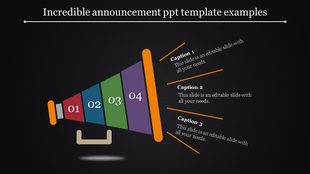 Slide featuring a megaphone infographic with four colorful sections labeled 01 to 04 and captions, on a dark background.
