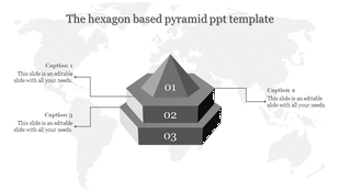 Gray layered hexagonal pyramid diagram with three levels and connected captions, set against a light world map.