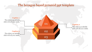Hexagon based 3D pyramid diagram in shades of orange with three labeled layers 01, 02, 03, and captions on a world map.