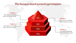 Hexagonal pyramid infographic with four red levels labeled 01 to 04, accompanied by captions on a world map background.