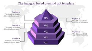 3D purple pyramid with hexagonal layers labeled 01 to 05, and captions aligned on both sides over a map background.