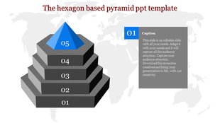 3D hexagon based pyramid template with five tiers, showcasing a blue apex, overlaid on a subtle world map background.