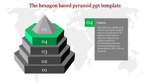 Gray hexagon based pyramid with five layers, highlighting layer 04 in green, over a light world map background.