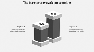 Monochrome gray bar stages growth PowerPoint slide with growth percentages and captions.