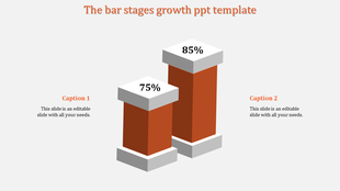 Two orange 3D bars of varying heights with percentages on top, representing growth stages in a clean white layout.