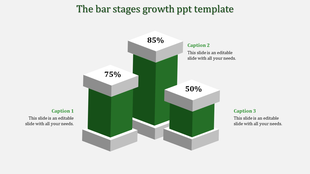 Three green 3D bars of varying heights with percentages on top, representing growth stages in a clean white layout.