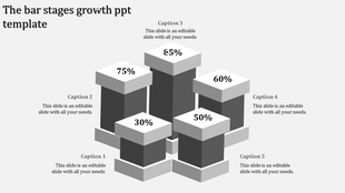 Bar stages growth PowerPoint template with percentage values and captions.
