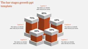 Bar chart with orange 3D columns labeled with percentages from 30% to 85%surrounded by captions 1 to 5.