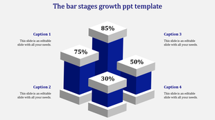 3D bar chart slide featuring four blue pillars of varying heights with percentages and captions for data representation.