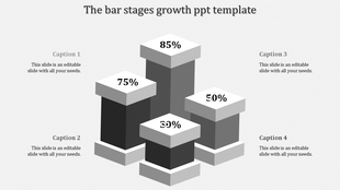 Monochrome bar stages growth PowerPoint template with growth percentages and captions.