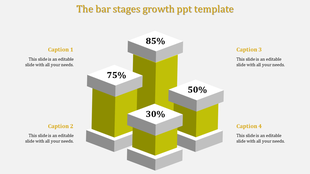 Bar stages growth PowerPoint template with four bars at different percentages with captions.