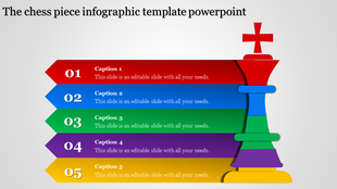 Colorful chess piece infographic slide with five sections and numbered captions for each.