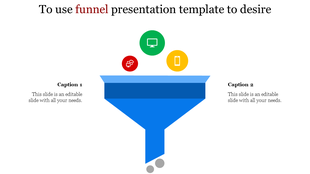 Blue funnel infographic template with colorful icons representing data flow, highlighting key inputs and outputs.