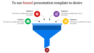 Funnel diagram slide illustrating the flow from four inputs to a single output with colorful icons and captions.