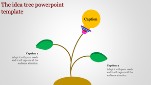 Illustration of an idea tree with green leaves and a yellow bulb symbolizing growth and innovation.