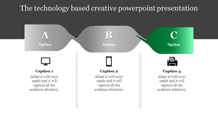 Creative professional PowerPoint slide featuring options A, B, and C in gray, silver, and green with captions below.