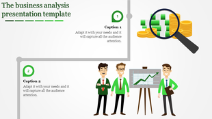 Business slide with two numbered green markers, a magnifying glass over coins, and a group of people analyzing a chart.