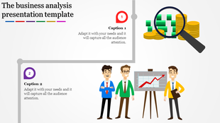 Business analysis PPT template showing a magnifying glass over coins and cash, with three professionals near a graph.