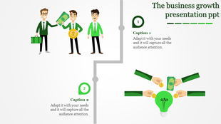 PowerPoint slide featuring businessmen exchanging money, symbolizing financial growth and collaboration in business.