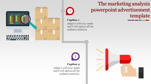Marketing analysis template with a computer monitor showing graphs, boxes, and a megaphone illustration with captions.