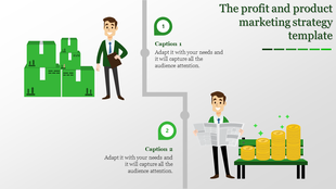 Illustration of a marketing strategy slide showing a man with stacked boxes and another man with money piles with captions.