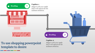 Shopping themed slide featuring a storefront computer and a grocery cart illustration in a PowerPoint template.