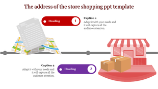 Shopping PowerPoint slide with a map and a storefront graphic to depict store location and delivery.