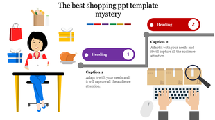 Shopping slide with a woman at a desk surrounded by gift boxes and groceries, two caption boxes and a typing person.