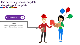 Illustration of a delivery person giving shopping items to a woman with balloons and a purple bar with caption on the left.
