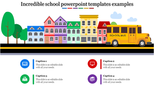 Illustration of a colorful school neighborhood with a school bus and trees, accompanied by four captions.
