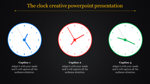 Creative PowerPoint design featuring three clocks with blue, red, and green accents on a black background with captions.