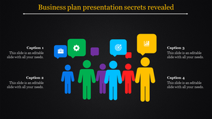 Vibrant figures in blue, green, red, yellow, and purple with speech balloons representing business icons on black background.