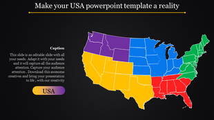 Color coded map of the USA divided into regions, highlighting states with features on a dark background.