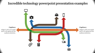 Technology themed PowerPoint slide featuring intersecting colored arrows connecting icons for various devices and systems.