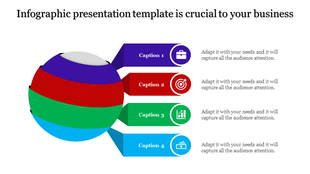 Infographic PPT template with a colorful ball model connected to four sections and icons with placeholder text.