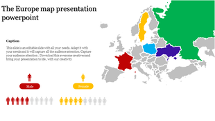 PowerPoint slide with a map of Europe, displaying different countries in various colors, and a gender demographic chart.