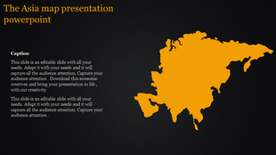 Asia map highlighted in orange on a dark background, with ample space for captions on the left side.