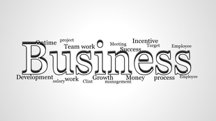Word cloud centered around the word Business with related terms like growth, development, and success.