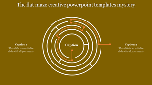 Circular maze design with white paths, orange pointers, and two captions on a brown background.