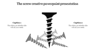 Creative slide featuring a large screw in black and gray with mirrored patterns and two captions on both sides.