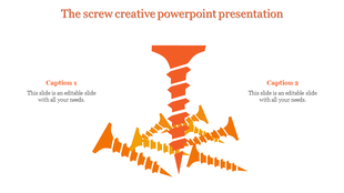 Creative PowerPoint slide featuring an abstract orange screw design with captions on either side.