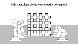Creative PowerPoint slide with thin line chess pieces and a checkered chessboard at the center.