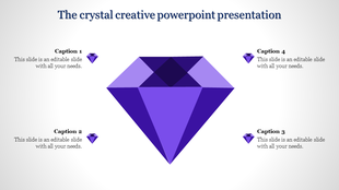 Illustrated purple gem shape in the center with four text blocks labeled as captions, accented by small diamond icons.