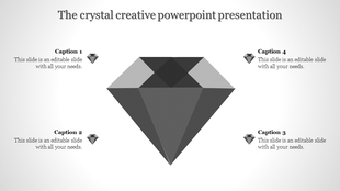 Illustrated gray gem shape in the center with four text blocks labeled as captions, accented by small diamond icons.