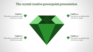 Creative PowerPoint slide featuring a large green crystal at the center with captions.