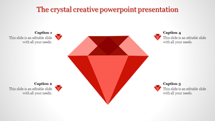 Illustrated red gem shape in the center with four text blocks labeled as captions, accented by small diamond icons.
