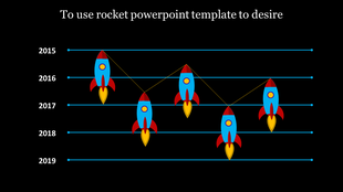 Rocket themed PowerPoint slide with a line graph showing data points from 2015 to 2019, represented by colorful rockets.