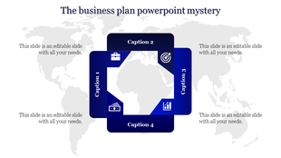Blue interconnected square shapes with four icons and captions overlaying a light world map on a white background.