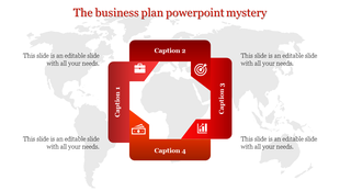 Business plan PowerPoint slide featuring a red square graphic with icons and captions over a world map.