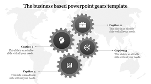 Business themed PowerPoint template with interconnected gear icons and captions.